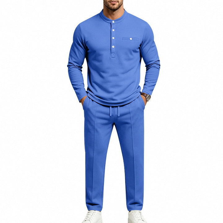 Herren Zweiteiliges Freizeitset mit Henley-Langarmshirt, Stehkragen und Komfort-Jogginghose Drune