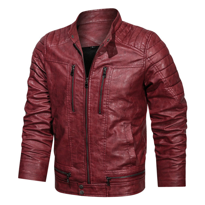 Herren Motorrad-inspirierte Lederoptikjacke mit Stehkragen und Ziernähten Drune