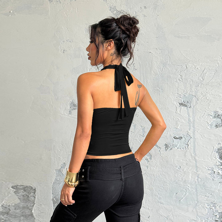 Damen elegantes Haltertop mit zartem Spitzendetail Drune