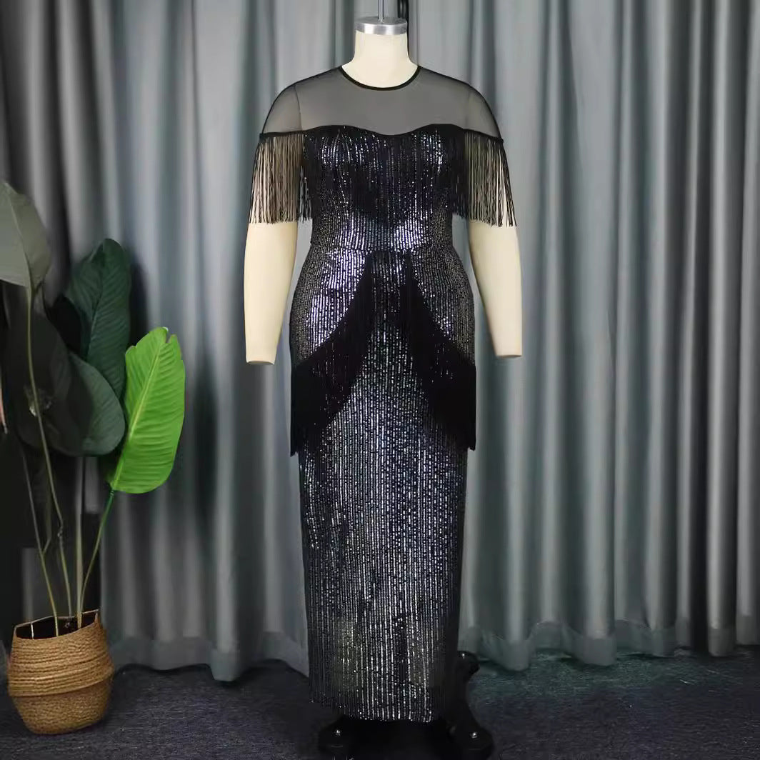 Damen Glamouröses Abendkleid mit Fransen und schimmerndem Obermaterial Drune