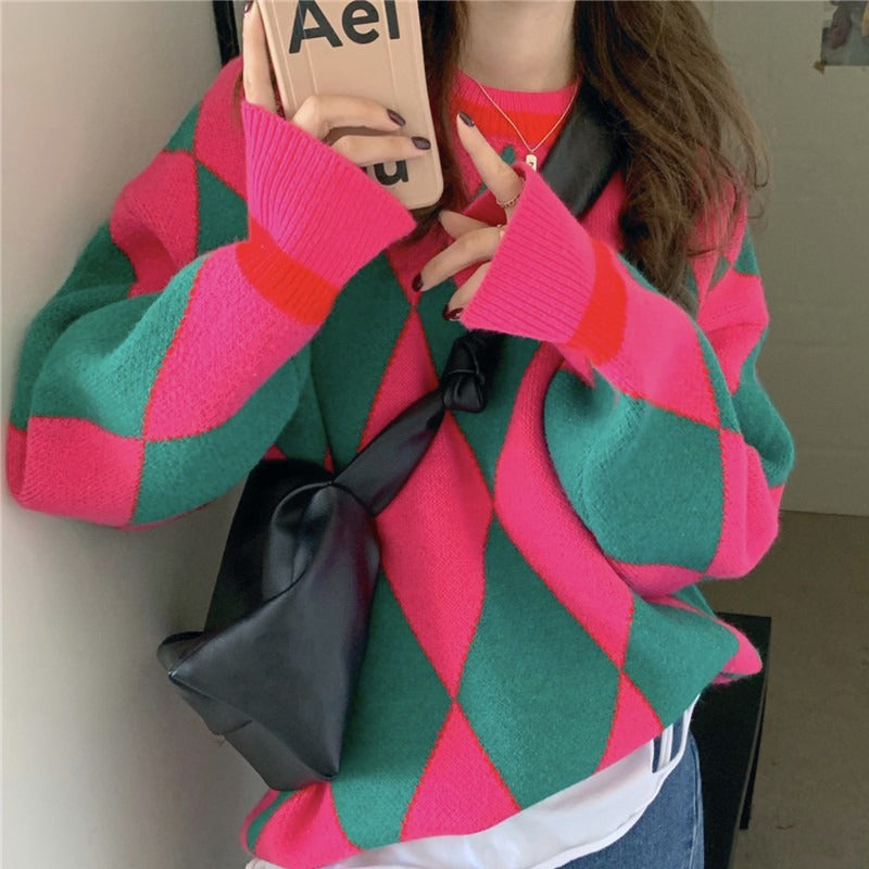 Damen Grobstrickpullover mit geometrischem Muster und lässigem Schnitt Drune