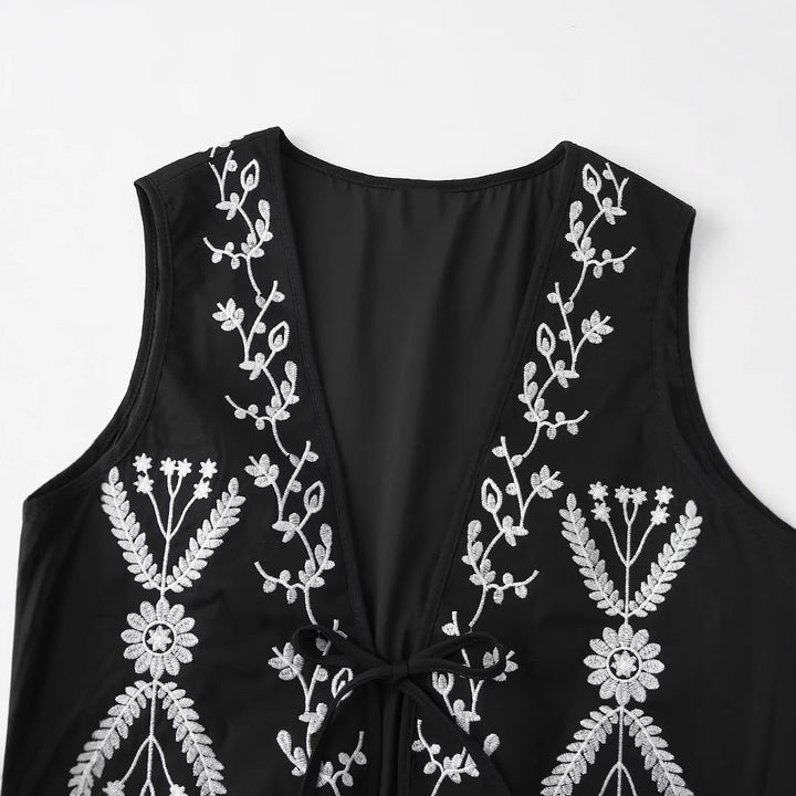 Damen nan bestickte Kurzweste im Boho-Stil mit tiefem V‑Ausschnitt, floraler Zierstickerei und Bindeband Drune