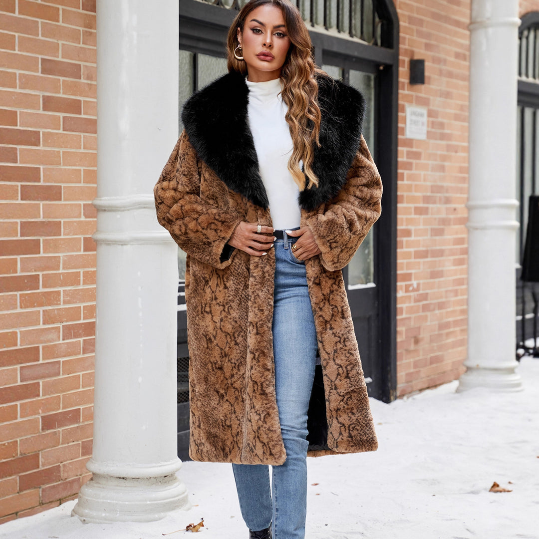 Damen Eleganter Kunstpelzmantel mit breitem Kragen Drune