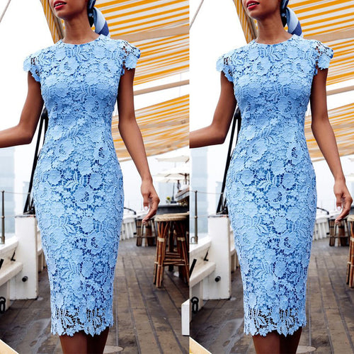 Damen Spitzenkleid mit elegantem Häkelmuster und kurzen Ärmel Drune