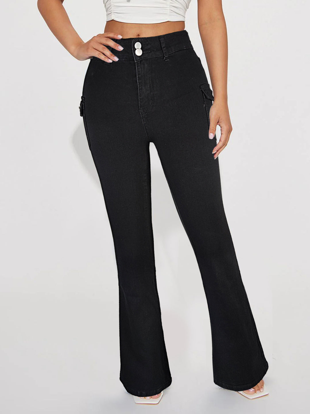 Damen Hochtaillierte Flared-Denimhose mit seitlichen Cargo-Pattentaschen & Doppelknopf Drune