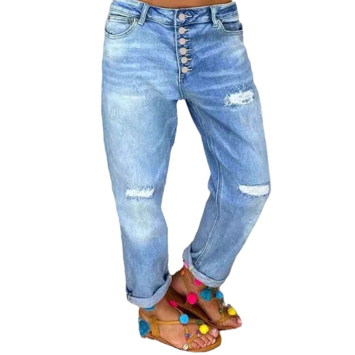 Damen Boyfriend Jeans mit Knopfverschluss und Distressed-Details Drune