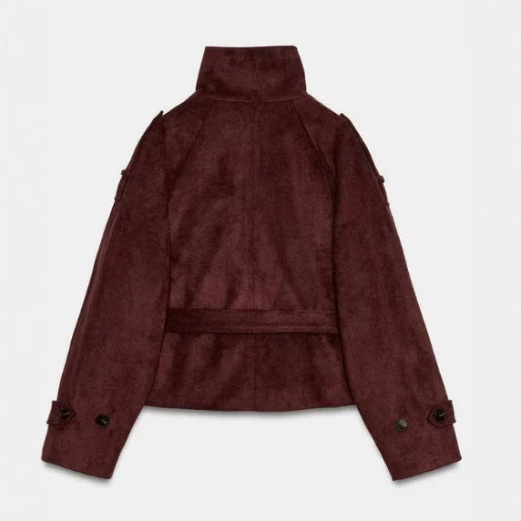 Damen Kurzjacke aus Wildlederimitat mit hohem Stehkragen und Bindegürtel Drune