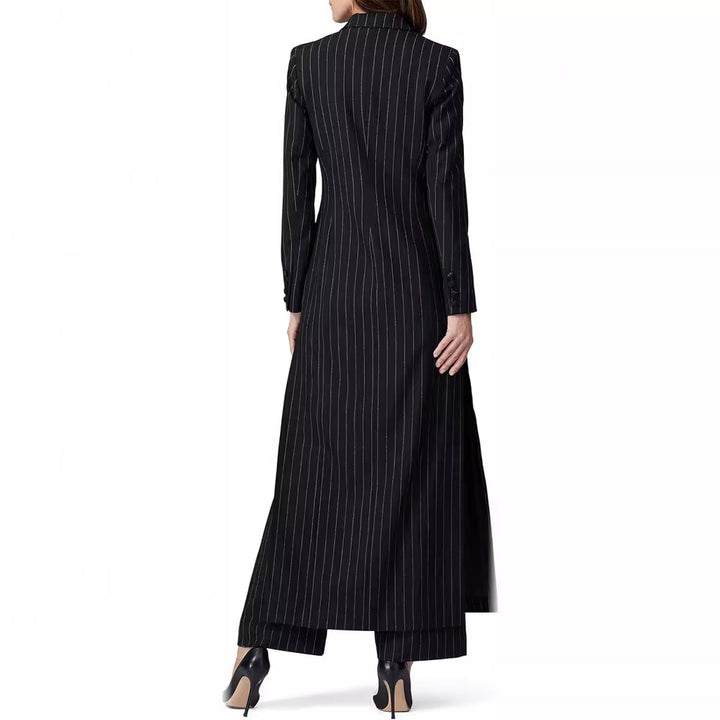 Damen Longline-Blazer-Mantel mit Nadelstreifen, taillierter Silhouette und Pattentaschen Drune