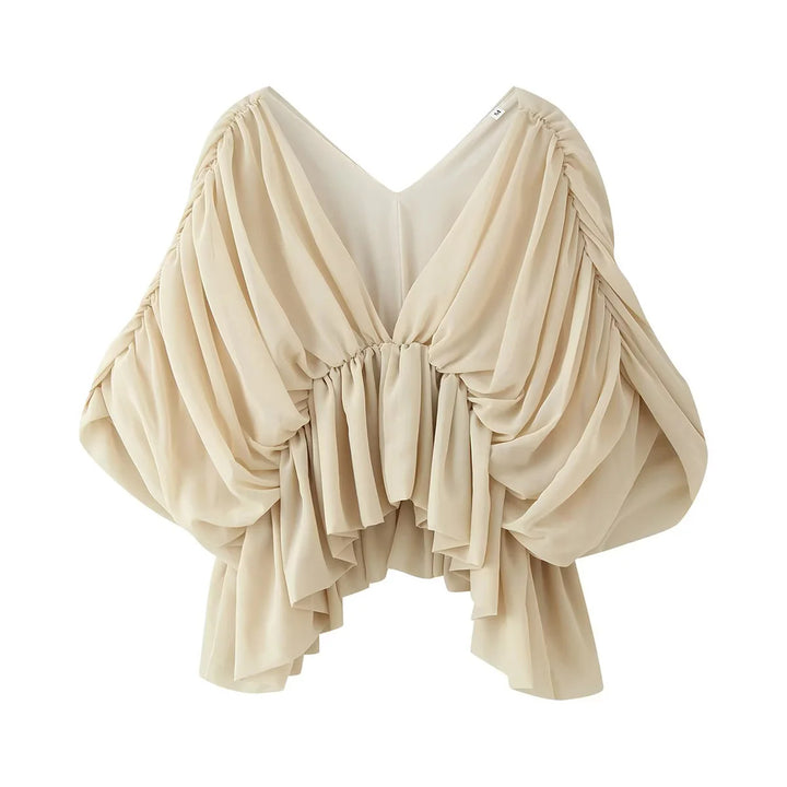 Damen nan voluminöse Drapé-Bluse mit tiefem V-Ausschnitt, gerafftem Taillenband und mehrlagigen Rüschen Drune