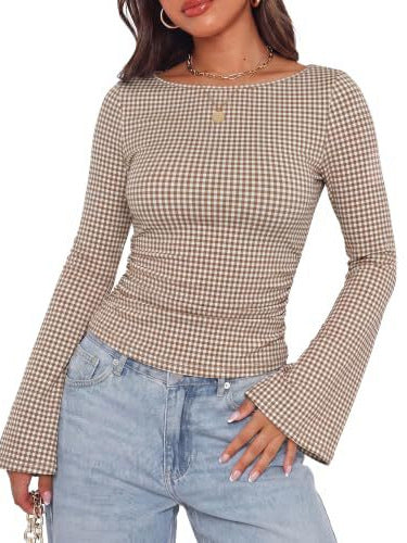 Damen Geripptes Langarmshirt mit Raffung, Trompetenärmeln und Kontrastbesatz Drune