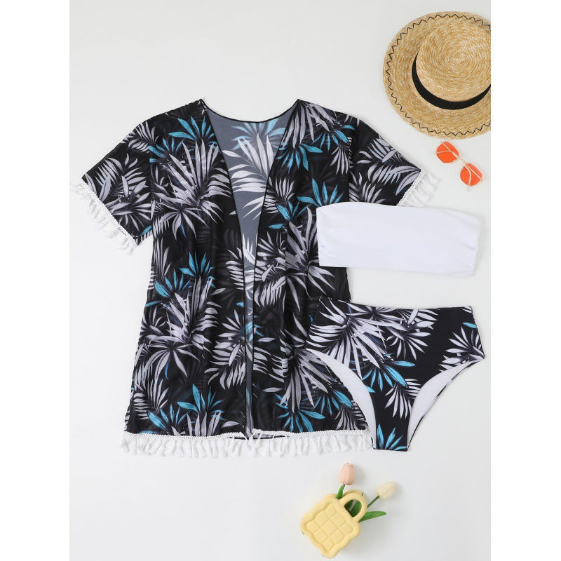 Damen Strandmode Set mit floralem Kimono und passendem Bikini Drune