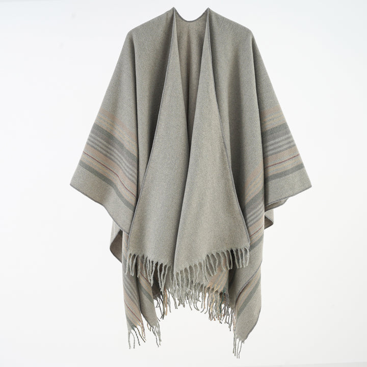 Damen Weichfallender Umlegeponcho mit gestreifter Bordüre und Fransensaum Drune