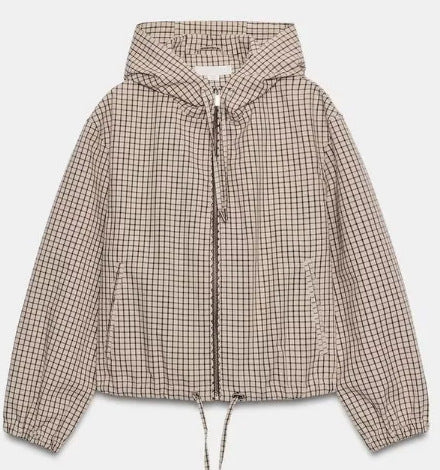 Damen Leichte karierte Kapuzen‑Blousonjacke mit Tunnelzug und elastischem Saum Drune