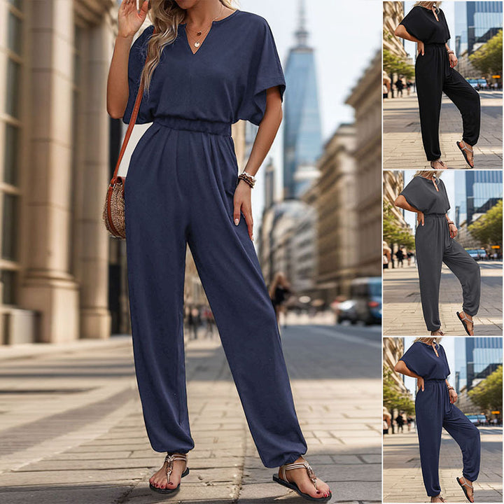 Damen Lässiger Jumpsuit mit Taillen-Smock, kurzem Fledermausärmel und elastischem Knöchelabschluss Drune