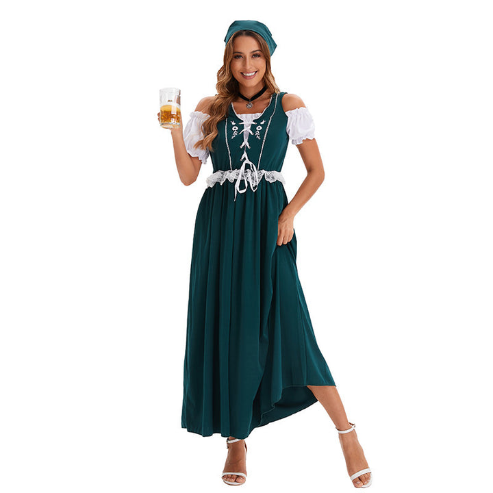 Damen nan langes Trachtenkleid im Dirndlstil mit Corsage-Schnürung und Spitzenbund Drune