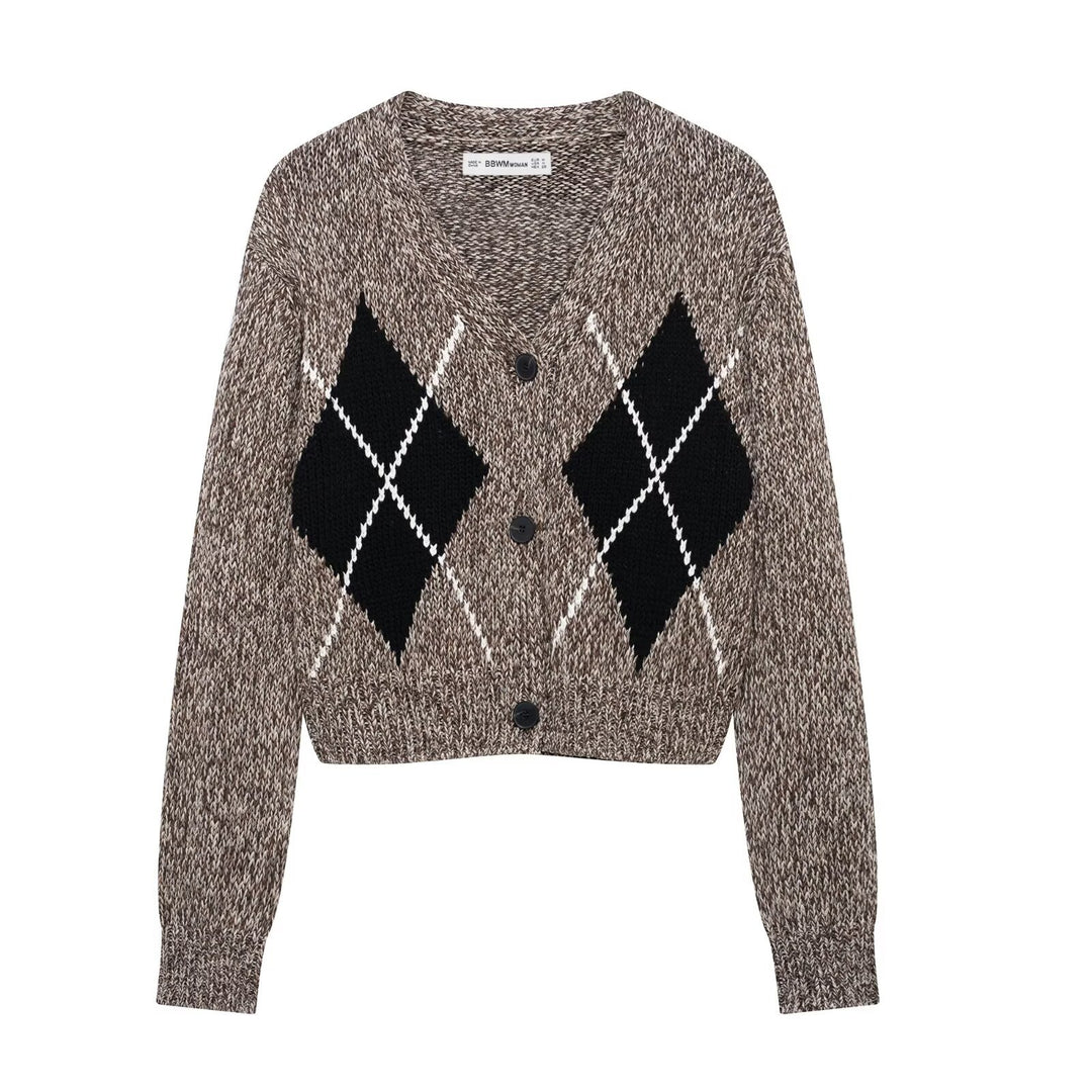 Damen modische Strickjacke im stilvollen Argyle-Muster Drune