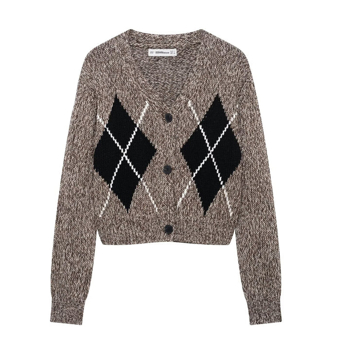 Damen modische Strickjacke im stilvollen Argyle-Muster Drune