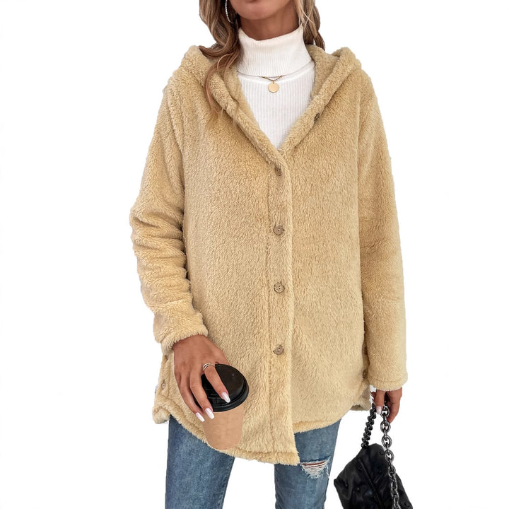 Damen flauschige Übergangsjacke mit Kapuze und Knopfverschluss Drune