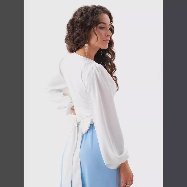 Damen Viskose Wrap-Bluse mit Puffärmel und tiefem V-Ausschnitt Drune