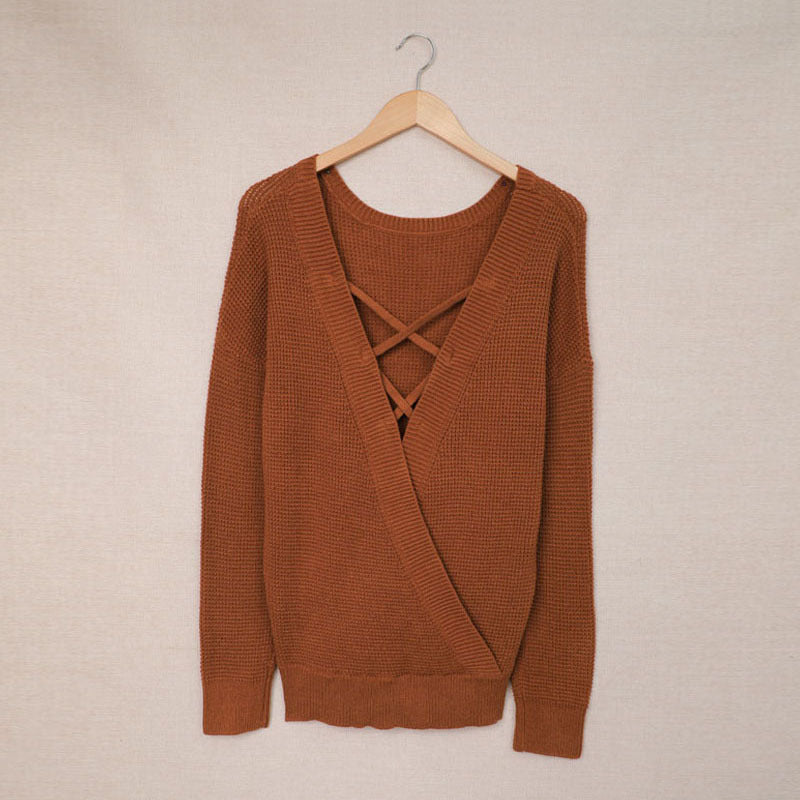 Damen lässiger Strickpullover mit offenem Rückendesign Drune
