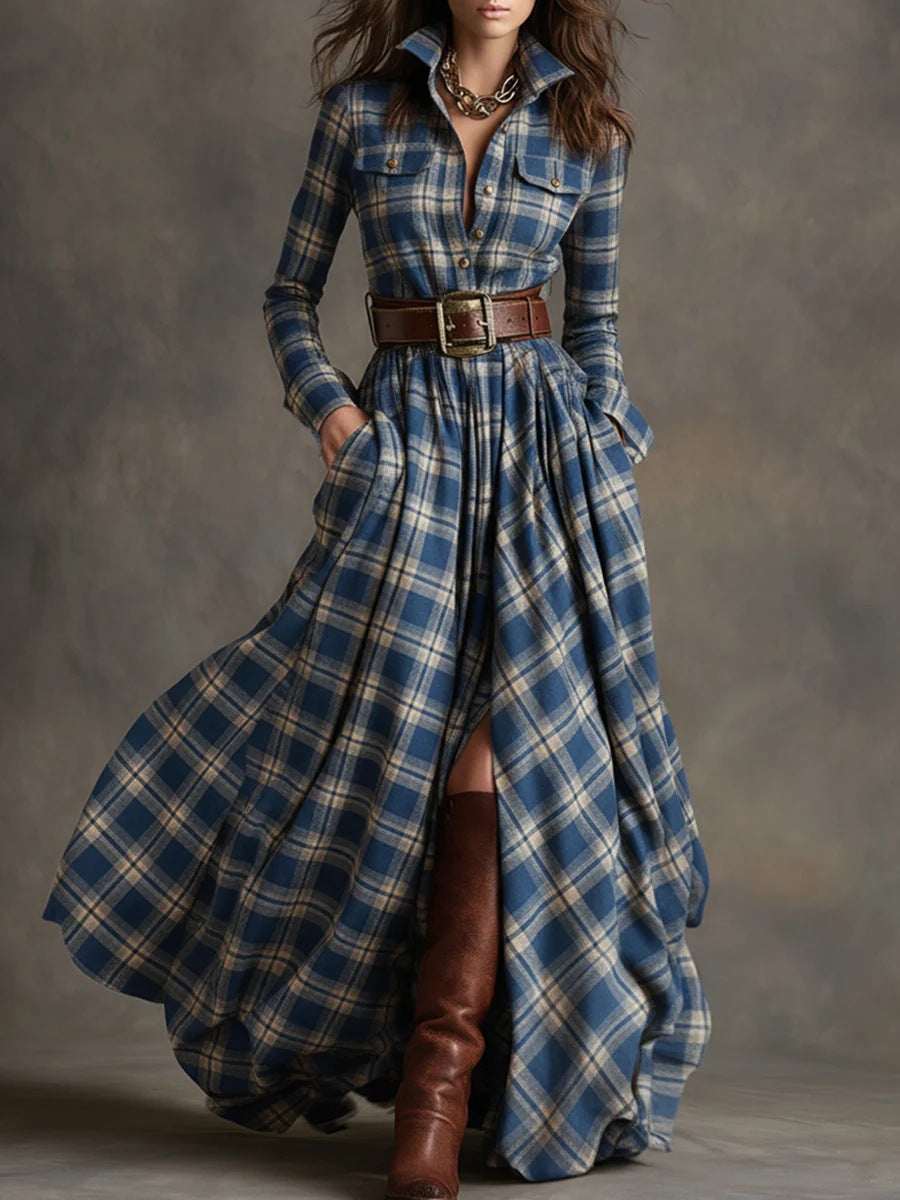 Damen Karierte Maxikleid mit Hemdbluse-Oberteil, Taillierter Bund und Eingrifftaschen Drune