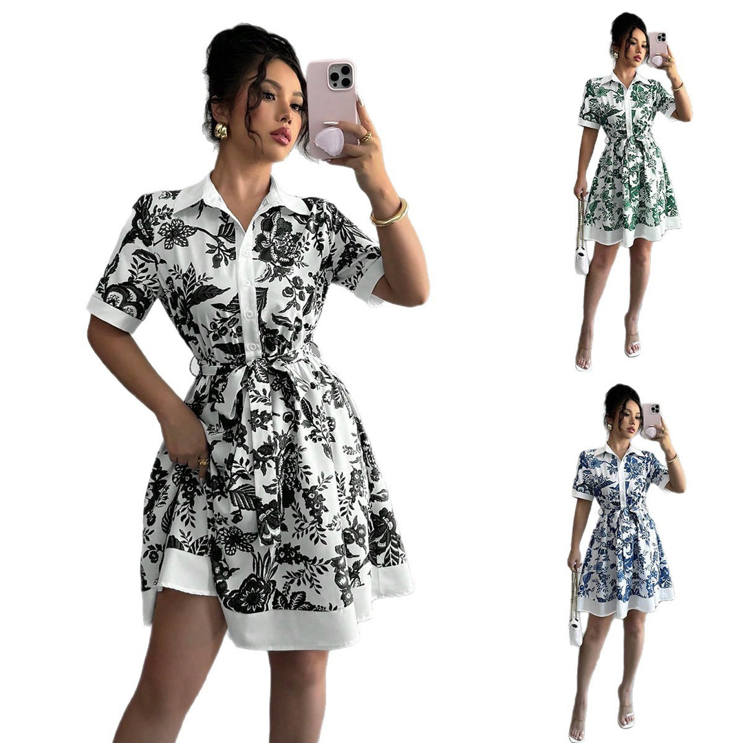 Damen Hemdblusenkleid mit floralem Muster und Taillengürtel Drune