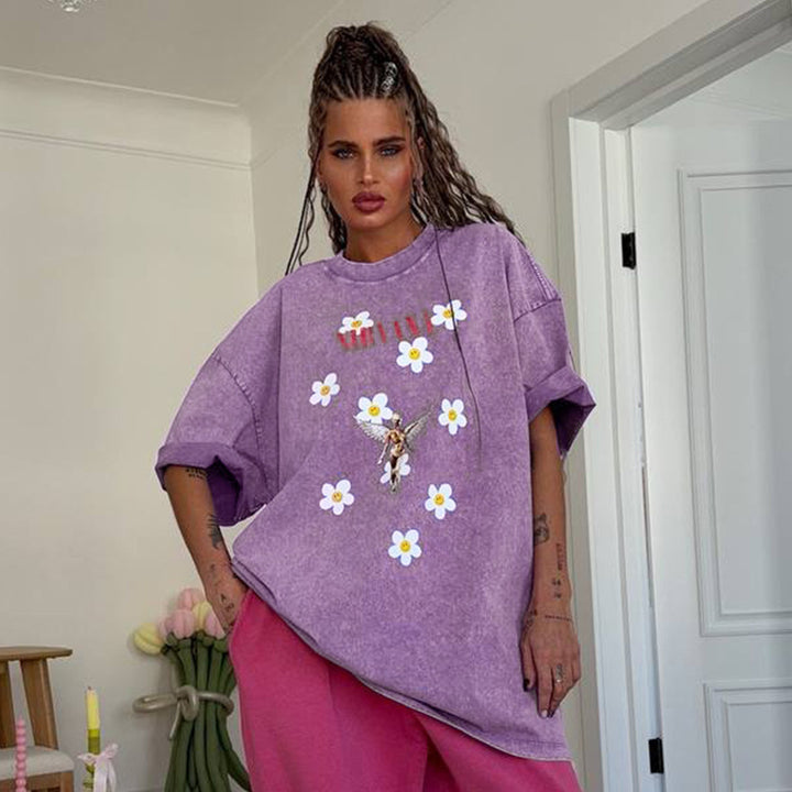Damen Trendiges Oversized T-Shirt mit floralem Aufdruck Drune