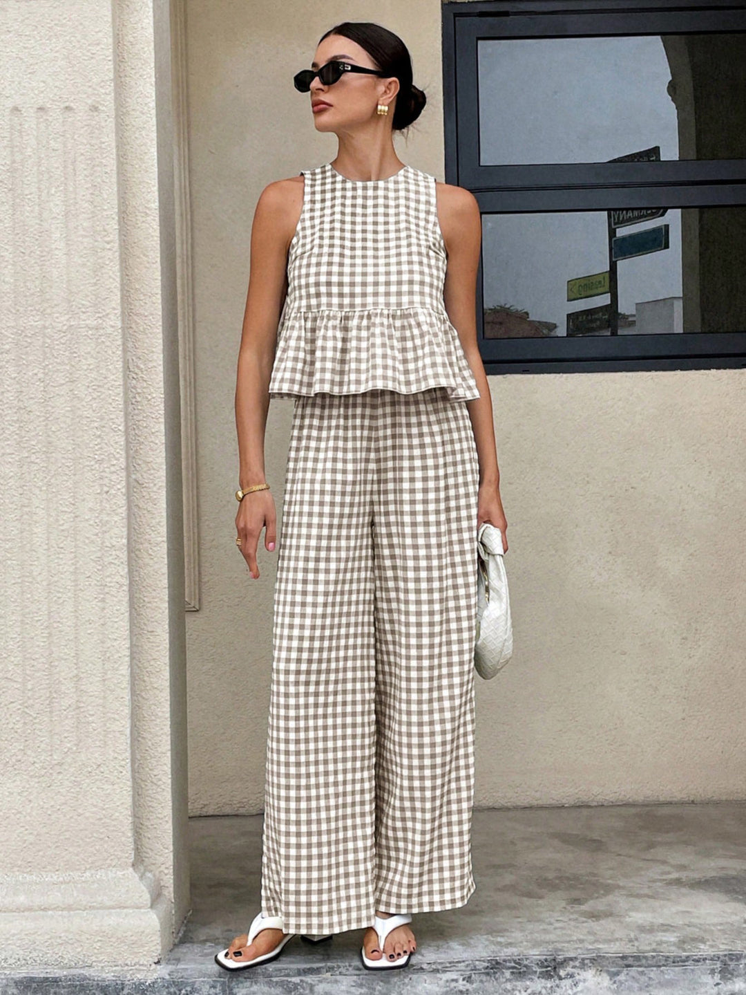 Damen Zweiteiliges Vichy-Karo-Set mit tailliertem Volanttop und weiter Palazzo-Hose Drune