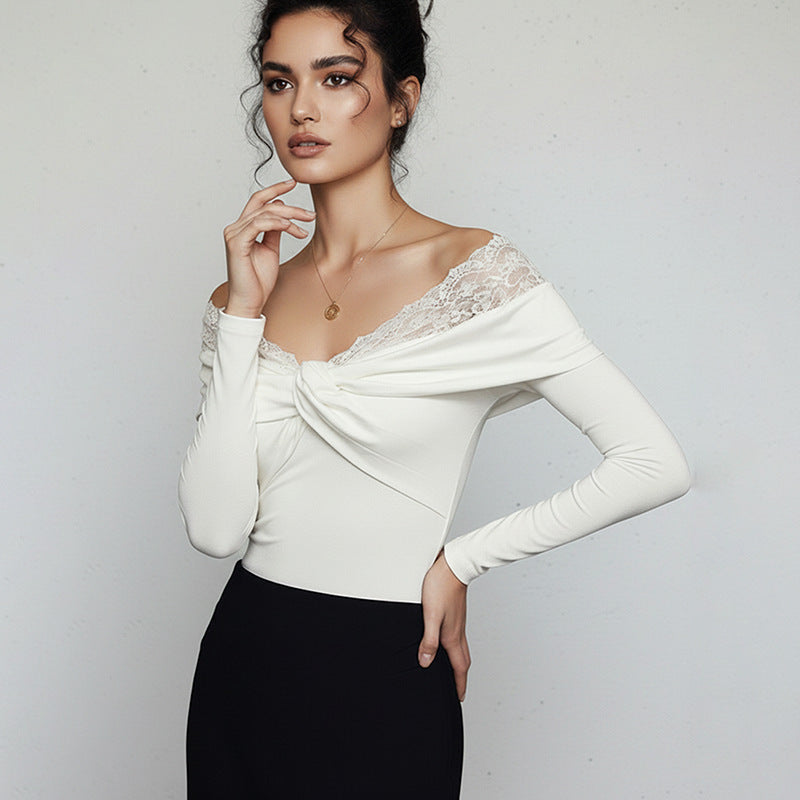 Damen Eleganter Body mit Spitzenkragen Drune