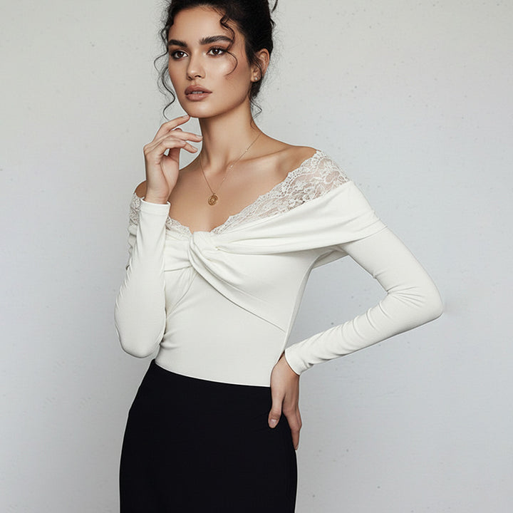 Damen Eleganter Body mit Spitzenkragen Drune