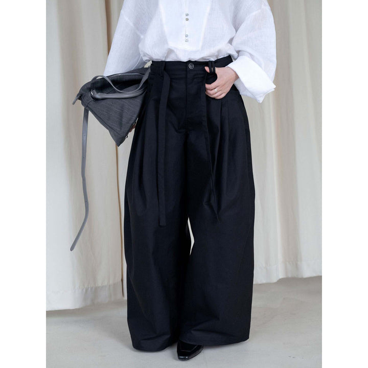 Damen Weite Bundfaltenhose mit hoher Taille und Bindegürtel Drune