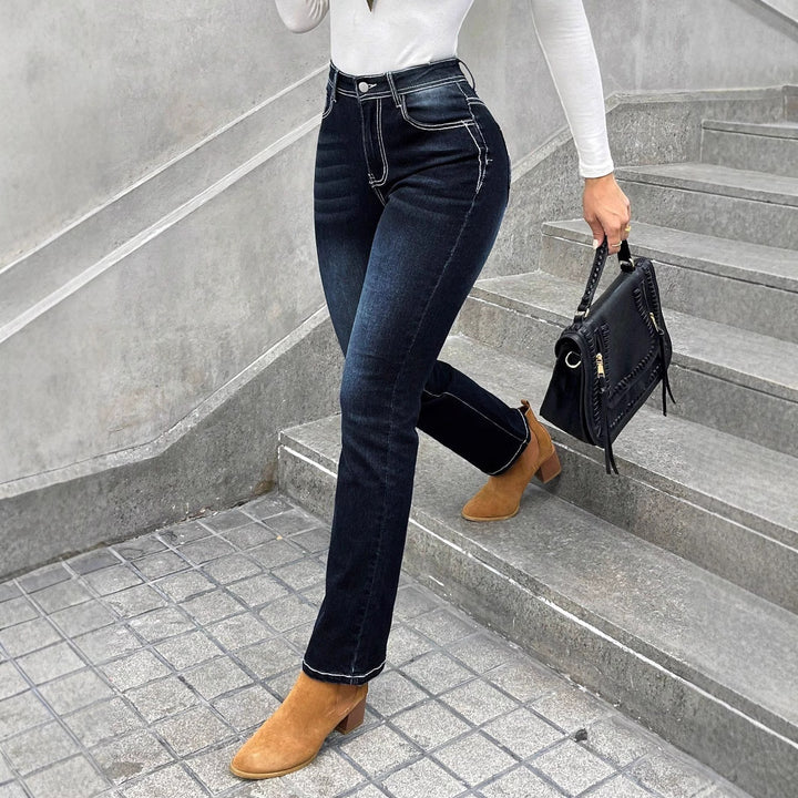 Damen Hochgeschnittene schmal geschnittene Straight-Jeans mit Kontrastnähten und leichtem Schlag Drune