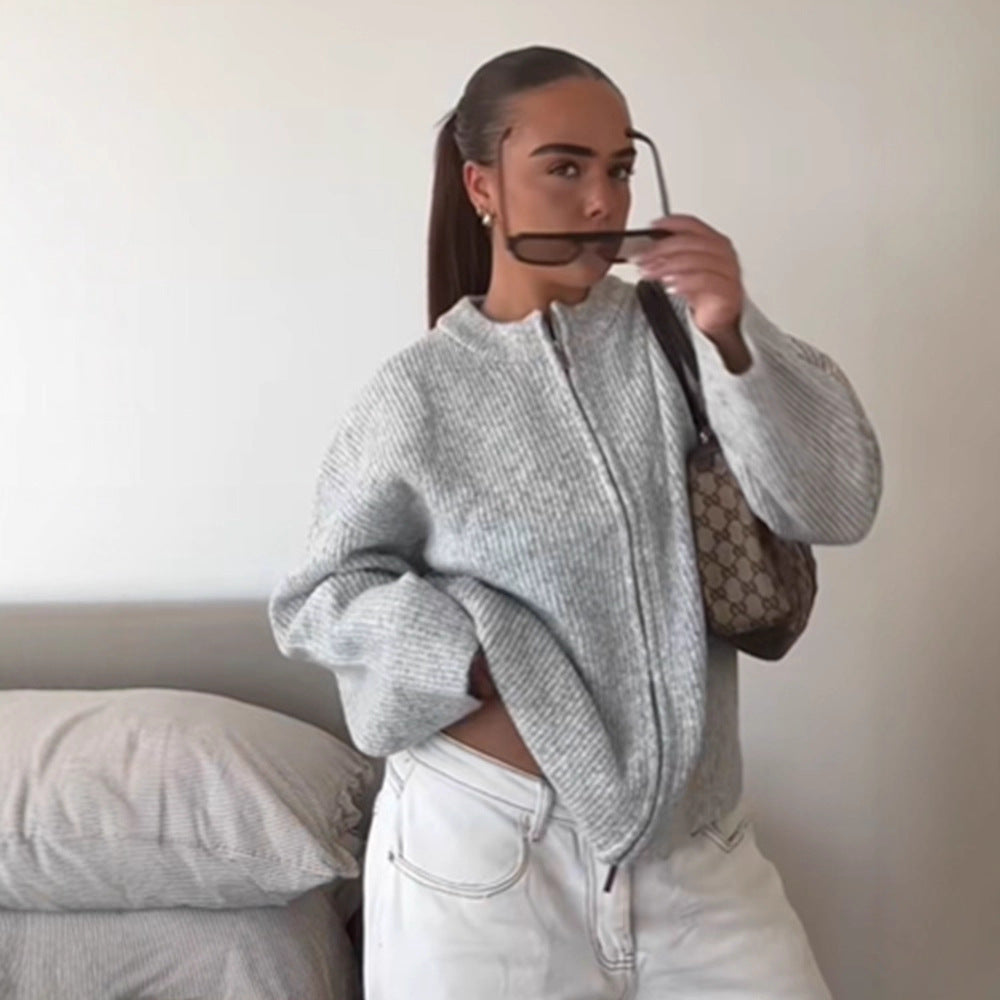 Damen kuschelige Strickjacke mit hohem Kragen und Reißverschluss Drune
