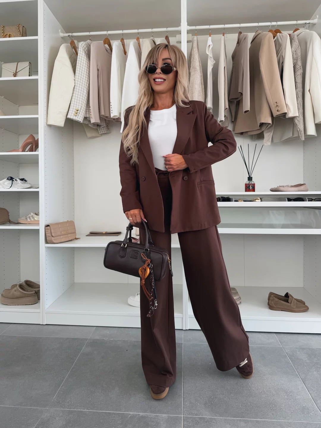 Damen elegantes und modernes Blazer-Set mit weiten Hosen Drune