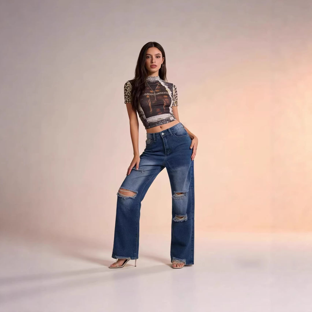 Damen weite Jeans mit stylischem Destroyed-Detail und bequemer Passform Drune