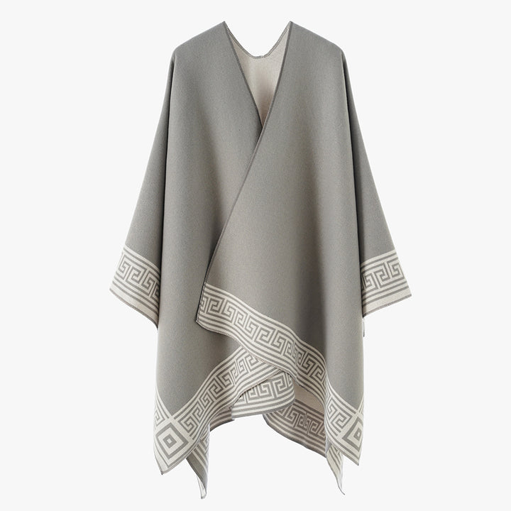 Damen Oversize-Capeponcho im Wickelstil mit Mäanderbordüre und kastiger Silhouette Drune