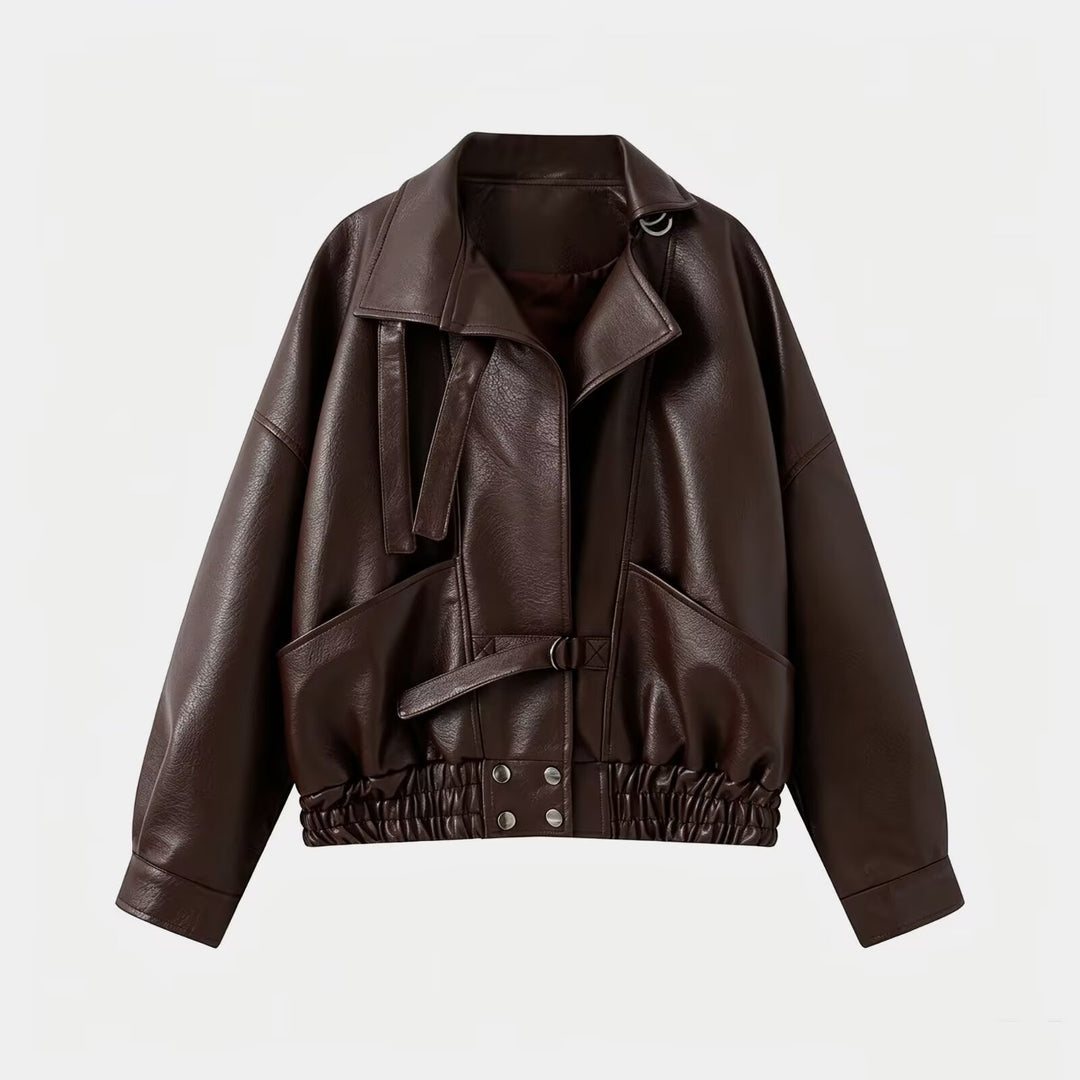 Damen Oversize Lederimitat-Bomberjacke mit elastischem Saum und Taillengürtel Drune