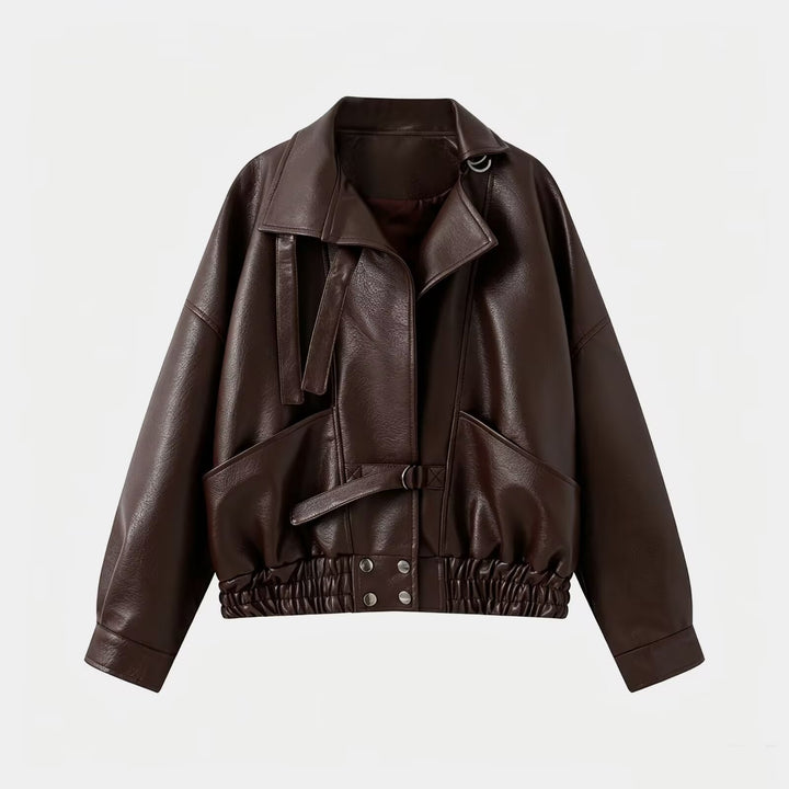 Damen Oversize Lederimitat-Bomberjacke mit elastischem Saum und Taillengürtel Drune