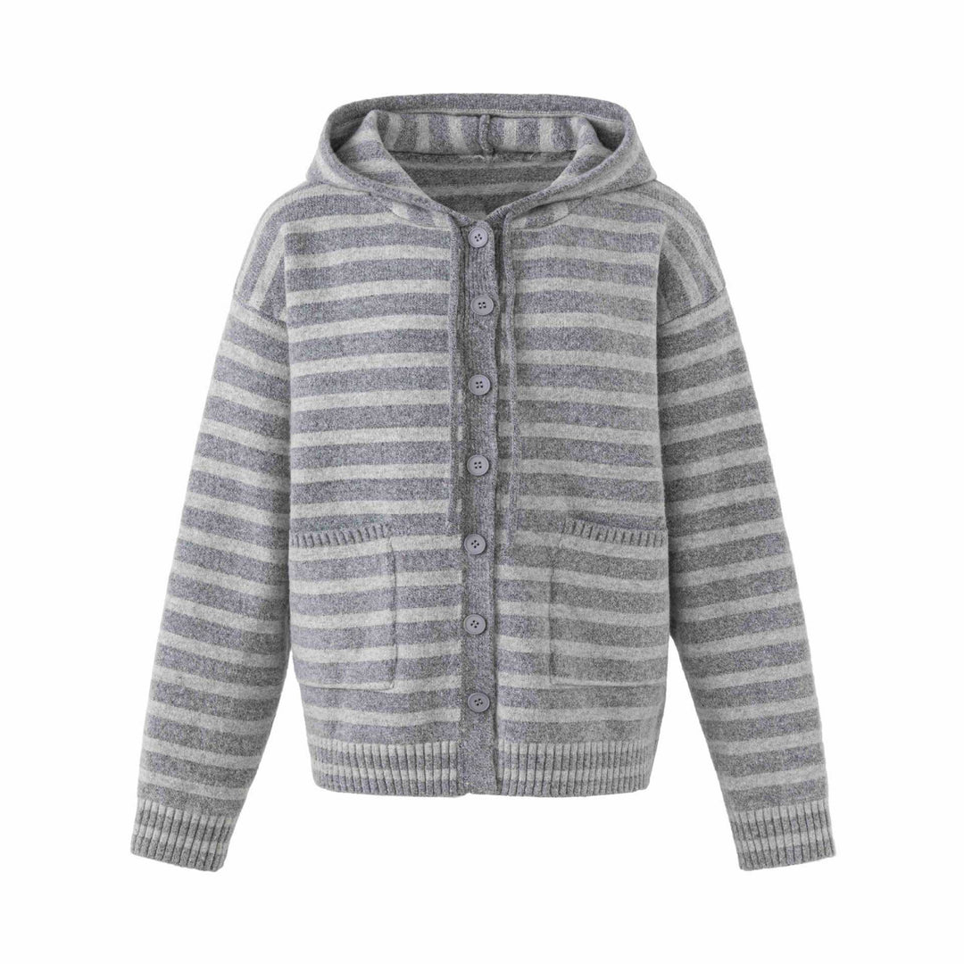 Damen Kapuzenstrickjacke mit Knopfleiste und Blockstreifen Drune