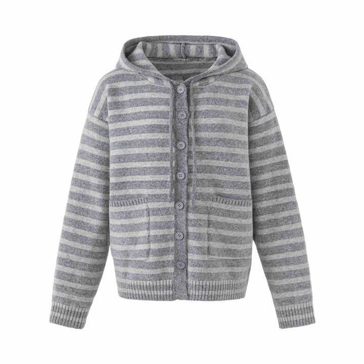 Damen Kapuzenstrickjacke mit Knopfleiste und Blockstreifen Drune