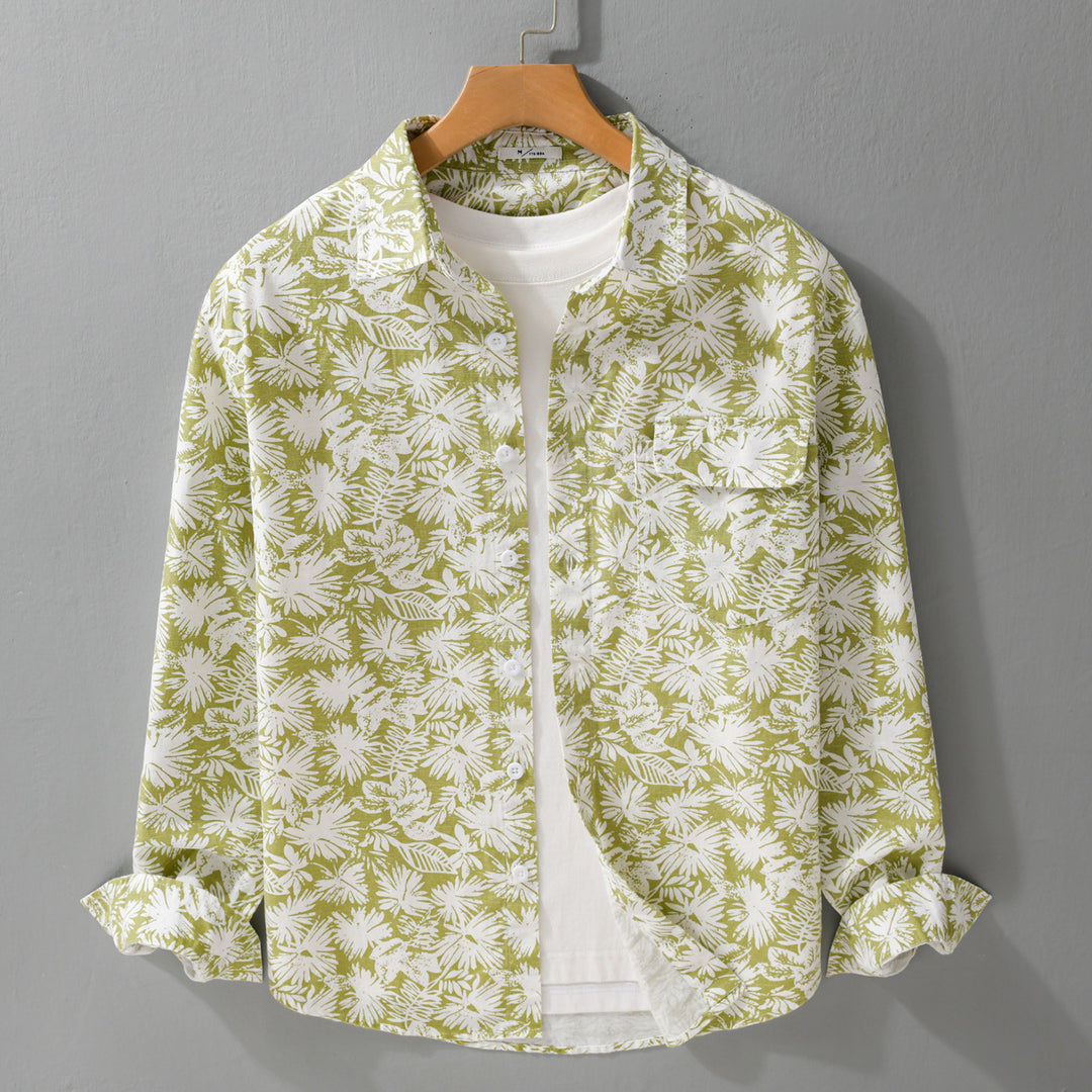 Damen Leichtes Blumenprint-Overshirt aus Leinen-Baumwollmix mit Kentkragen und Brusttasche Drune