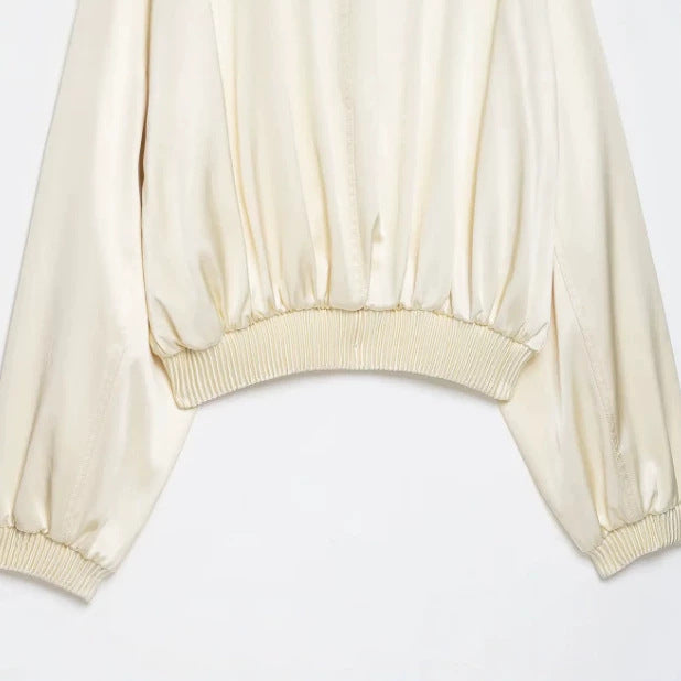 Damen Cropped Blousonjacke aus Satinoptik mit Ballonärmeln und Rippbündchen Drune