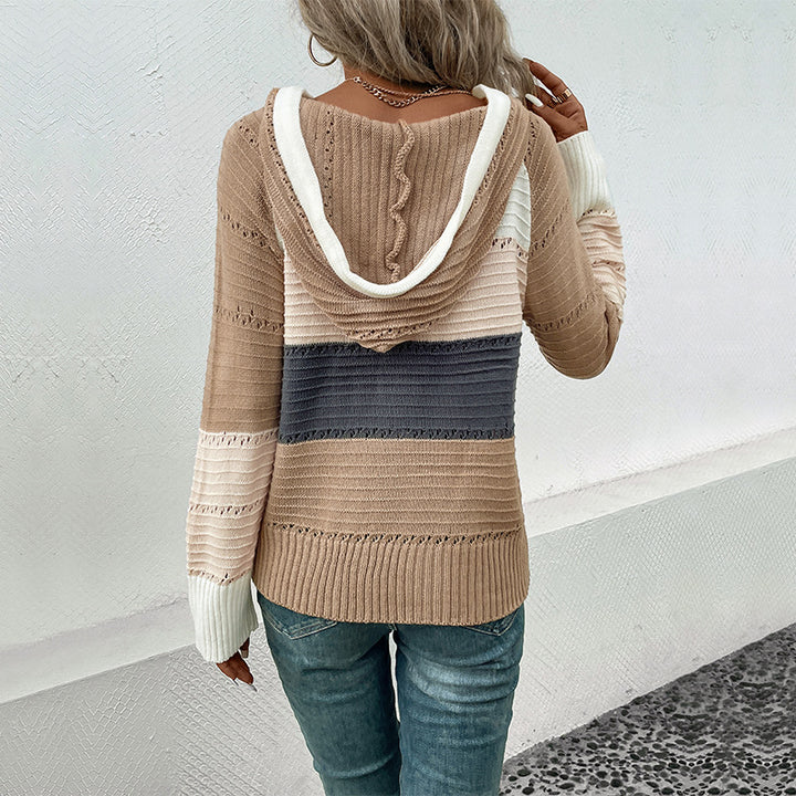 Damen Feinstrick-Kapuzenpullover mit Blockstreifen, V-Ausschnitt und Rippenbündchen Drune