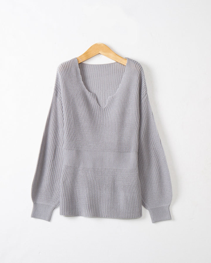Damen Lockerer Feinstrick-Pullover mit V-Notch-Ausschnitt, Tailliertem Rippbund und Ballonärmeln Drune