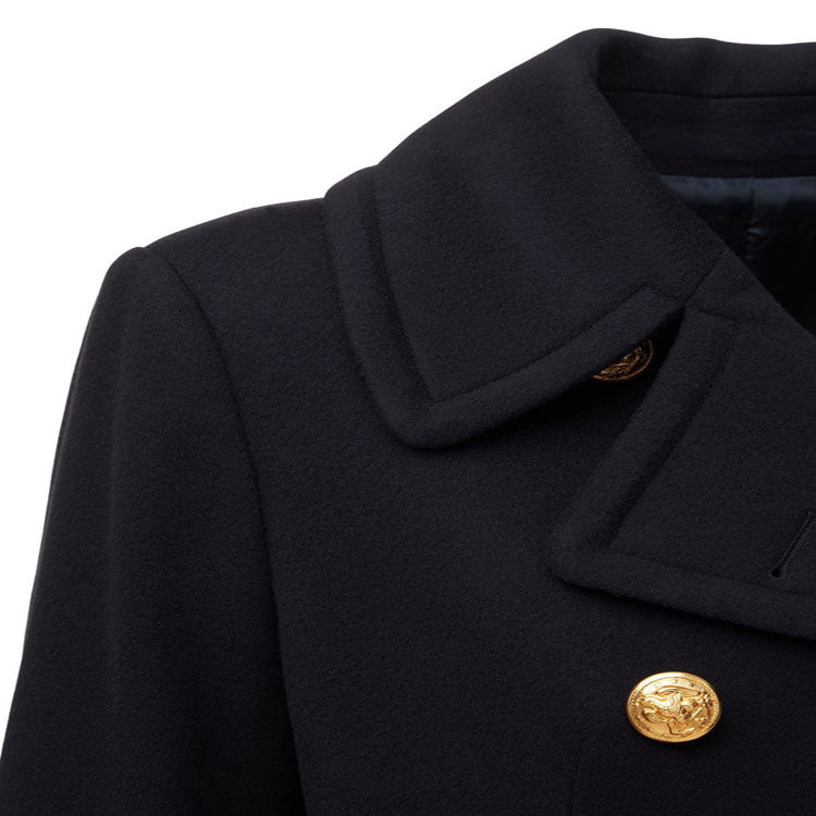 Damen Kurzer Zweireihiger Wollmix-Peacoat mit goldenen Zierrundknöpfen und taillierter Silhouette Drune