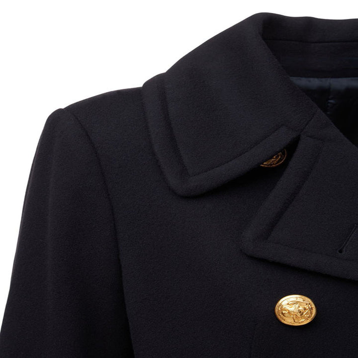 Damen Kurzer Zweireihiger Wollmix-Peacoat mit goldenen Zierrundknöpfen und taillierter Silhouette Drune