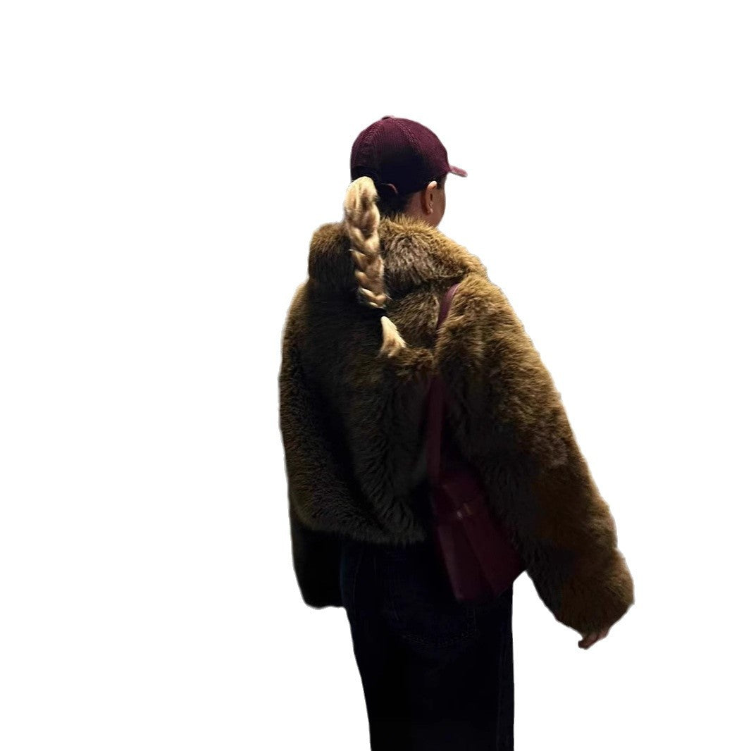 Damen Modische Kunstfelljacke mit cropped Schnitt und voluminösen Ärmeln Drune