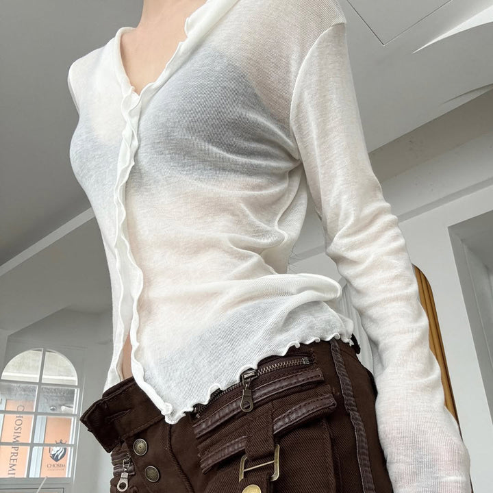 Damen luftiges Chiffon-Oberteil mit voluminösen Rüschendetails Drune