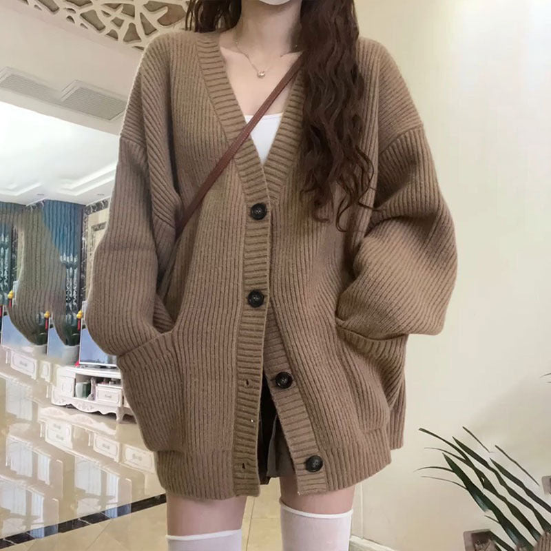 Damen oversized Strickjacke mit Knopfverschluss und praktischen Taschen Drune
