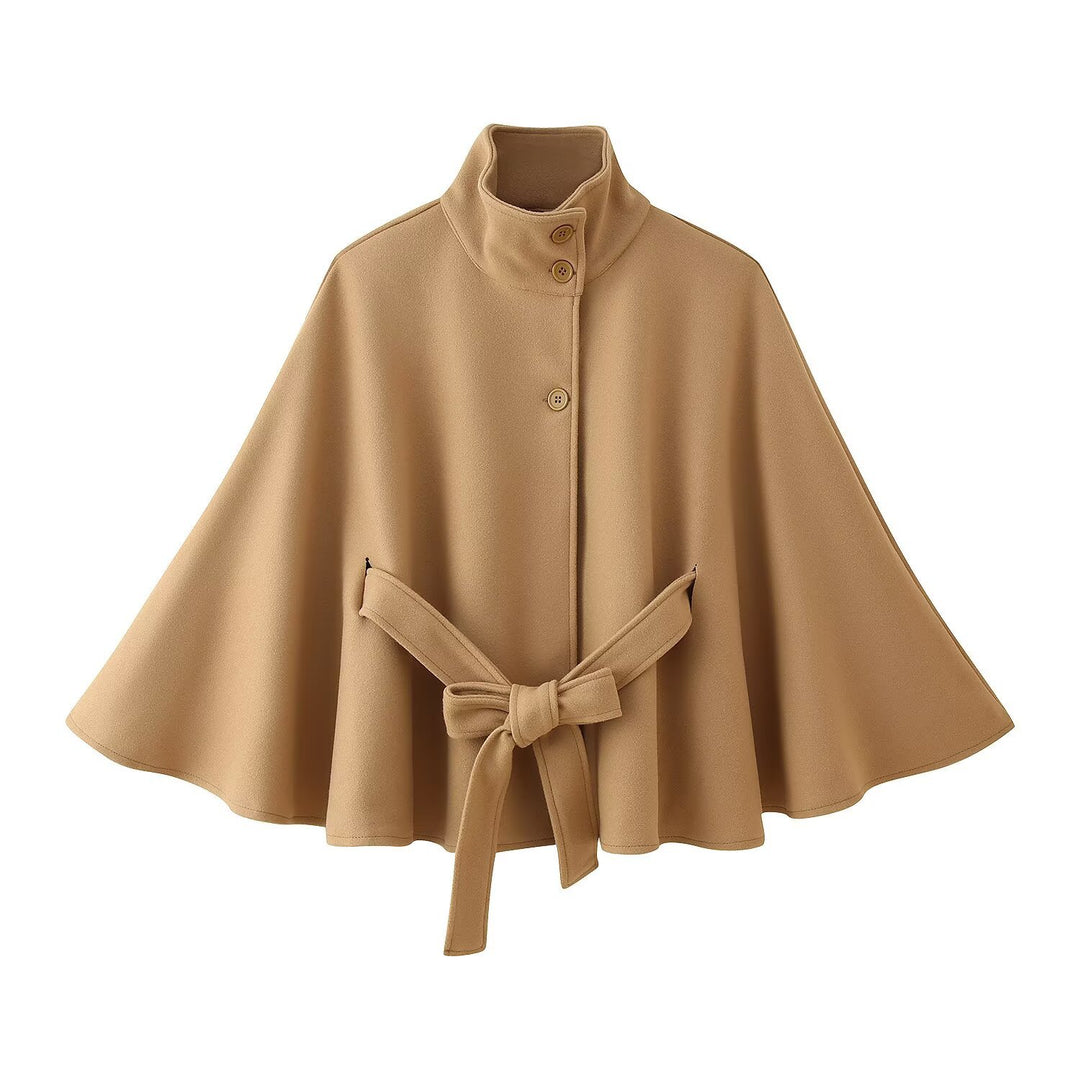 Damen 2900+ eleganter kurzer Cape‑Umhang mit Stehkragen, Knopfleiste und Taillenband Drune